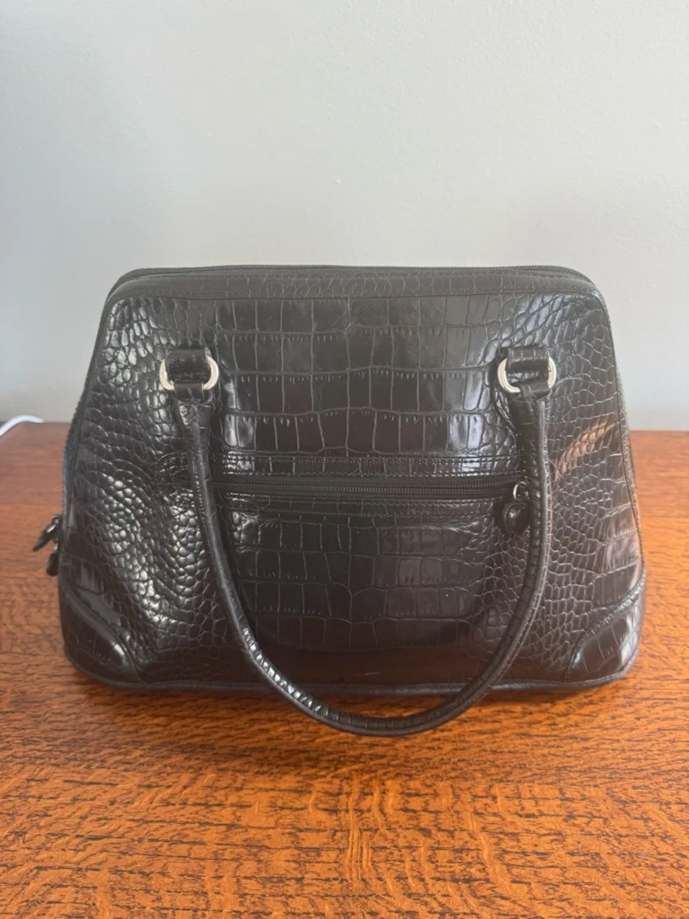 Brighton Black Croc-Embossed Satchel with Heart Accent and Silver Hardware